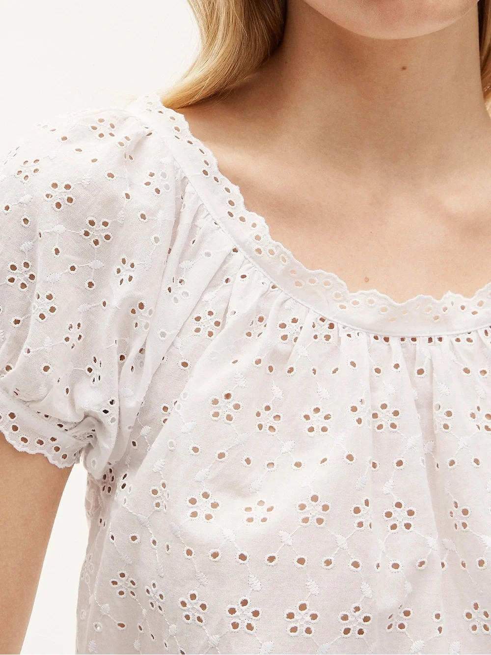 J. Crew White Eyelet Puff-Sleeve Peasant Top